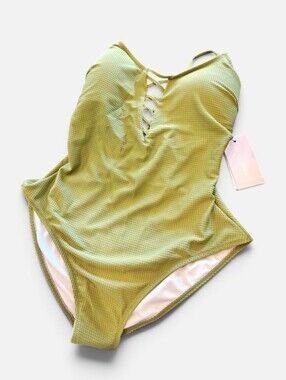 New Green One Piece Bikini Size XL Low Back Swimsuit By Gottex Criss Cross Front